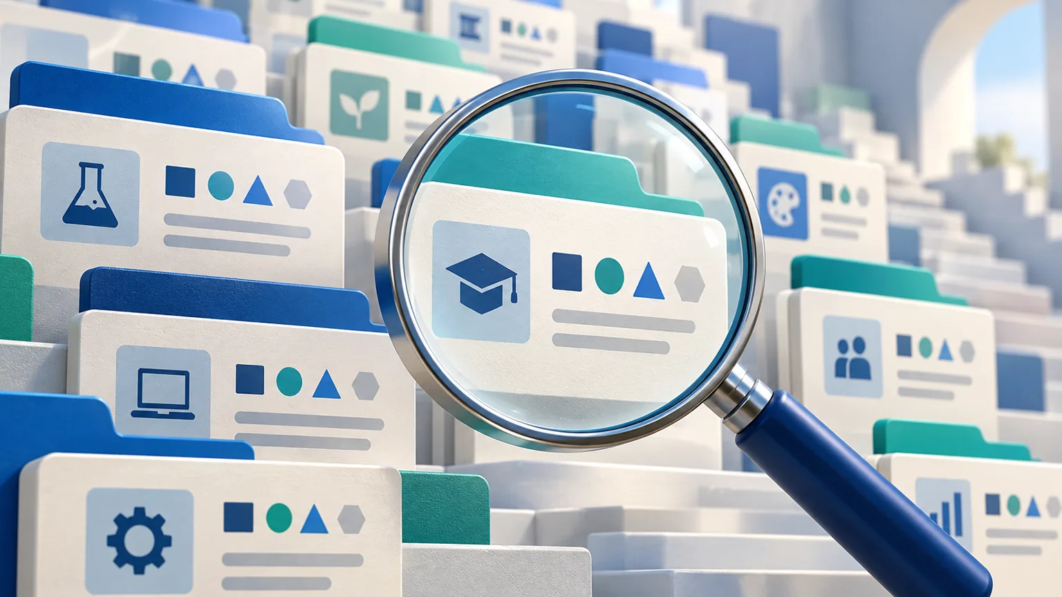 Catálogo de fichas formativas examinado con una lupa