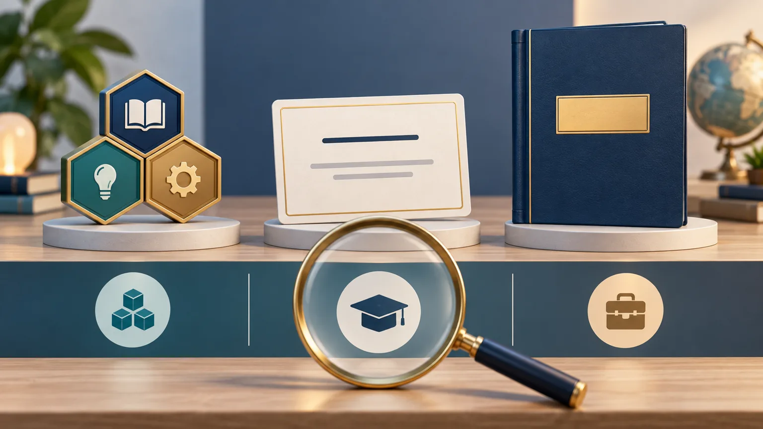 Tres credenciales educativas genéricas comparadas con una lupa