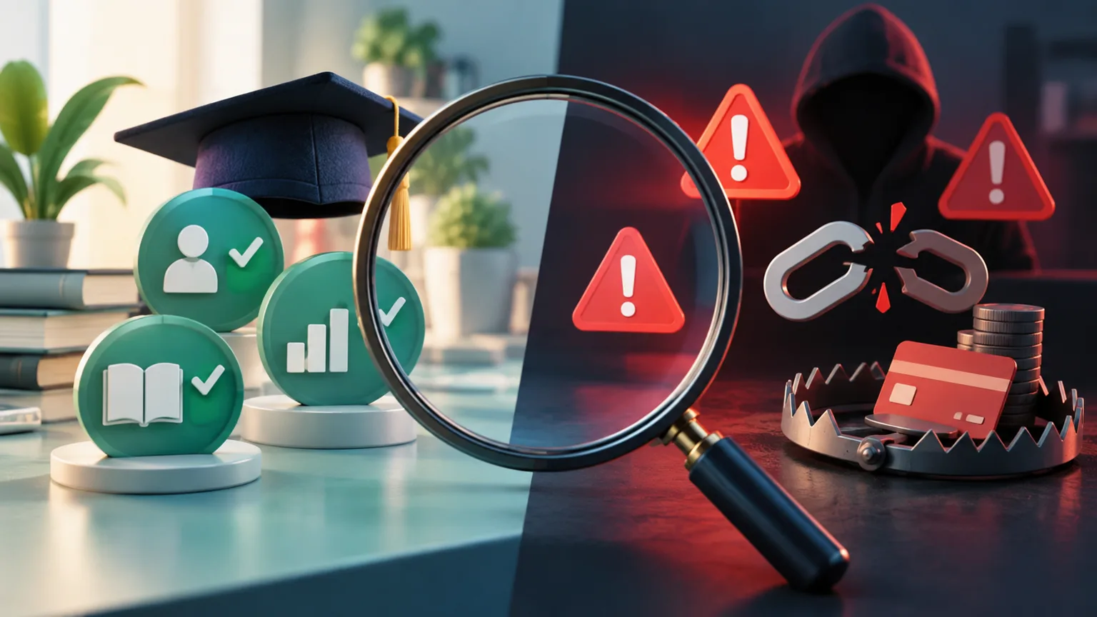 Lupa que separa señales verificadas de alertas de fraude en formación